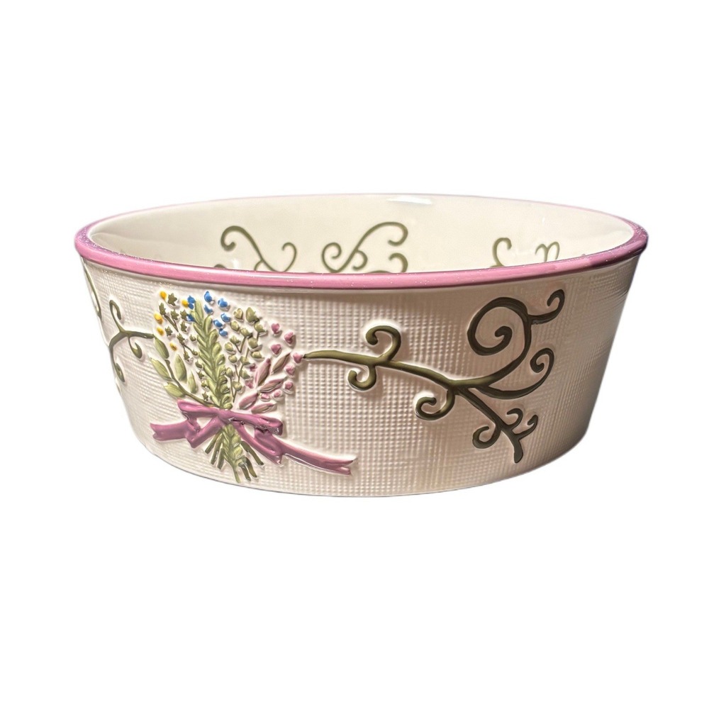 Temp-tations by‎ Tara Bistro Ceramic Bowl Floral Herb Garden Pink Trim Cream